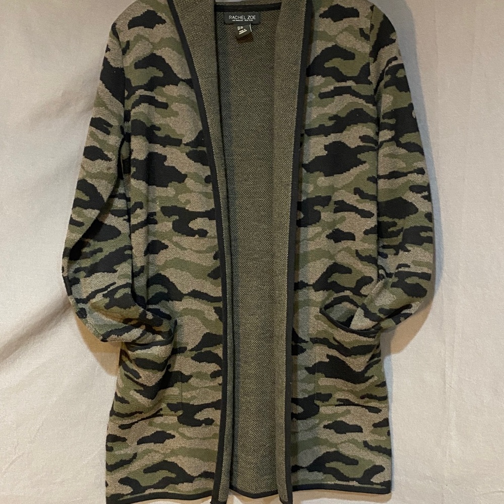 Rachel Zoe Olive Green Camouflage Knit Cardigan with hood and pockets